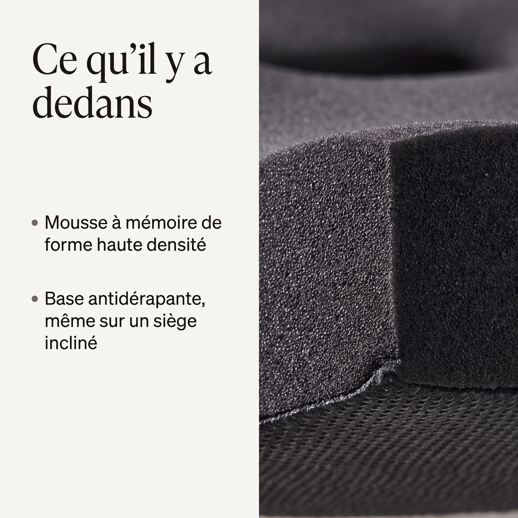 Mousse à mémoire de forme haute densité et base antidérapante, vue en coupe
