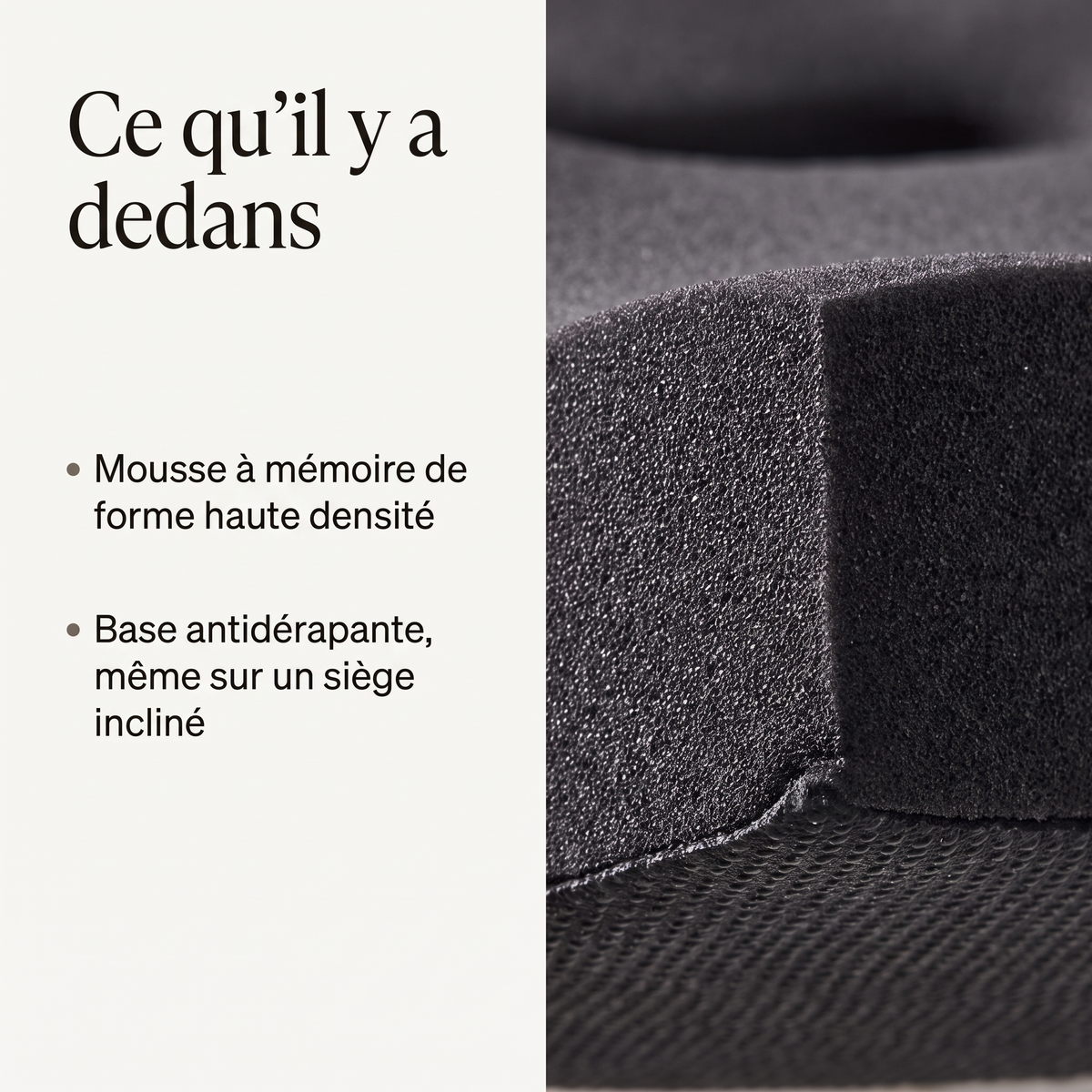 Mousse à mémoire de forme haute densité et base antidérapante, vue en coupe